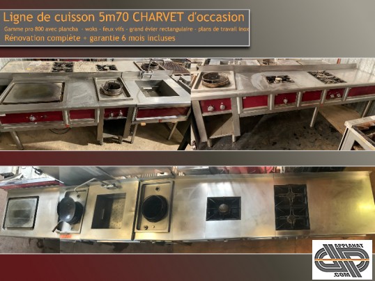 Une vue d'ensemble de la ligne de cuisson Charvet en gamme pro 800 d'occasion rénovée chez Applanat, montrant ses différents modules en inox, son four
