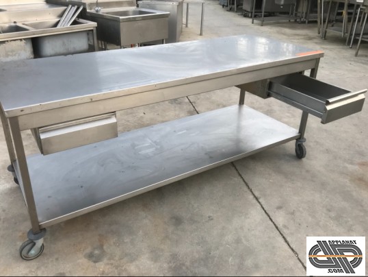 table professionnelle en inox 2m20 avec étagère basse deux tiroirs montée sur roues